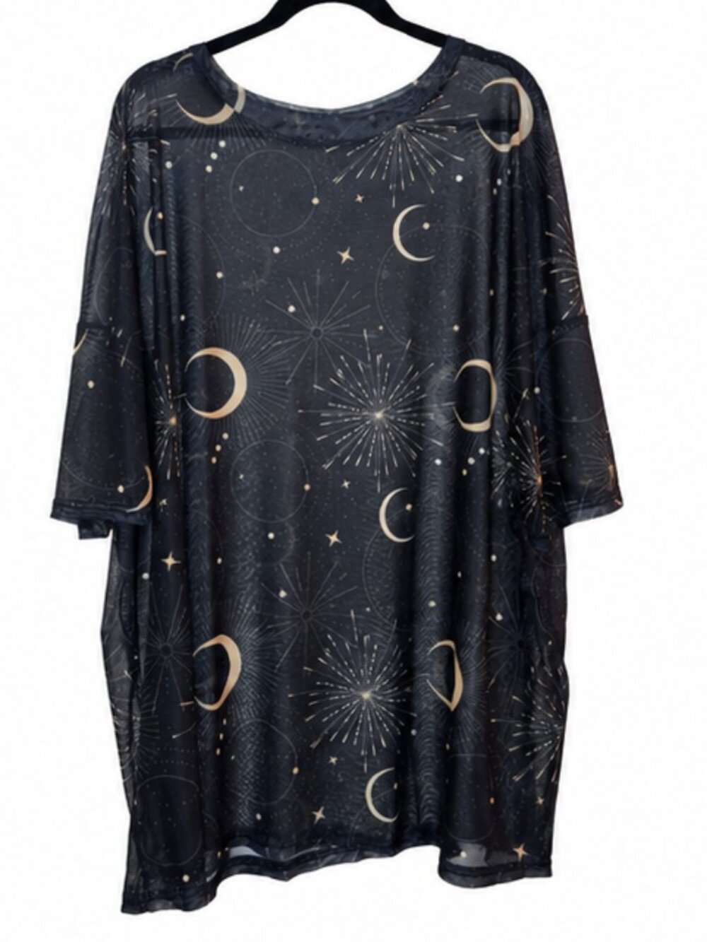 Sheer Celestial Moon & Stars Tunic Top Black Gold 3/4 Sleeve Oversized